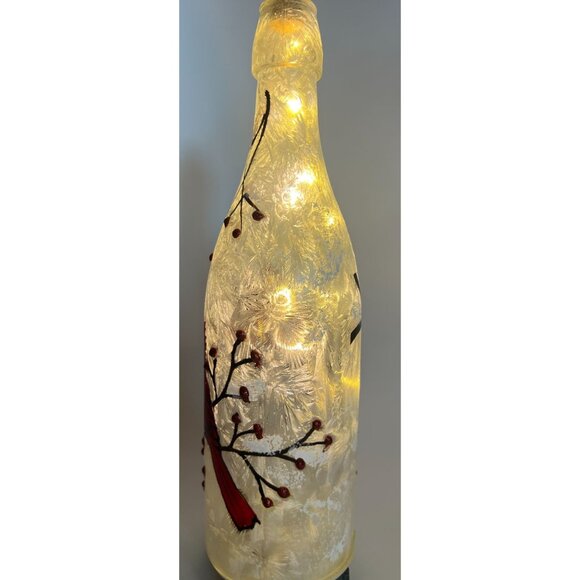 Hand Painted Bottle LED Starry Lights Winter Cardinal Scene Red Bird Christmas - Picture 5 of 9
